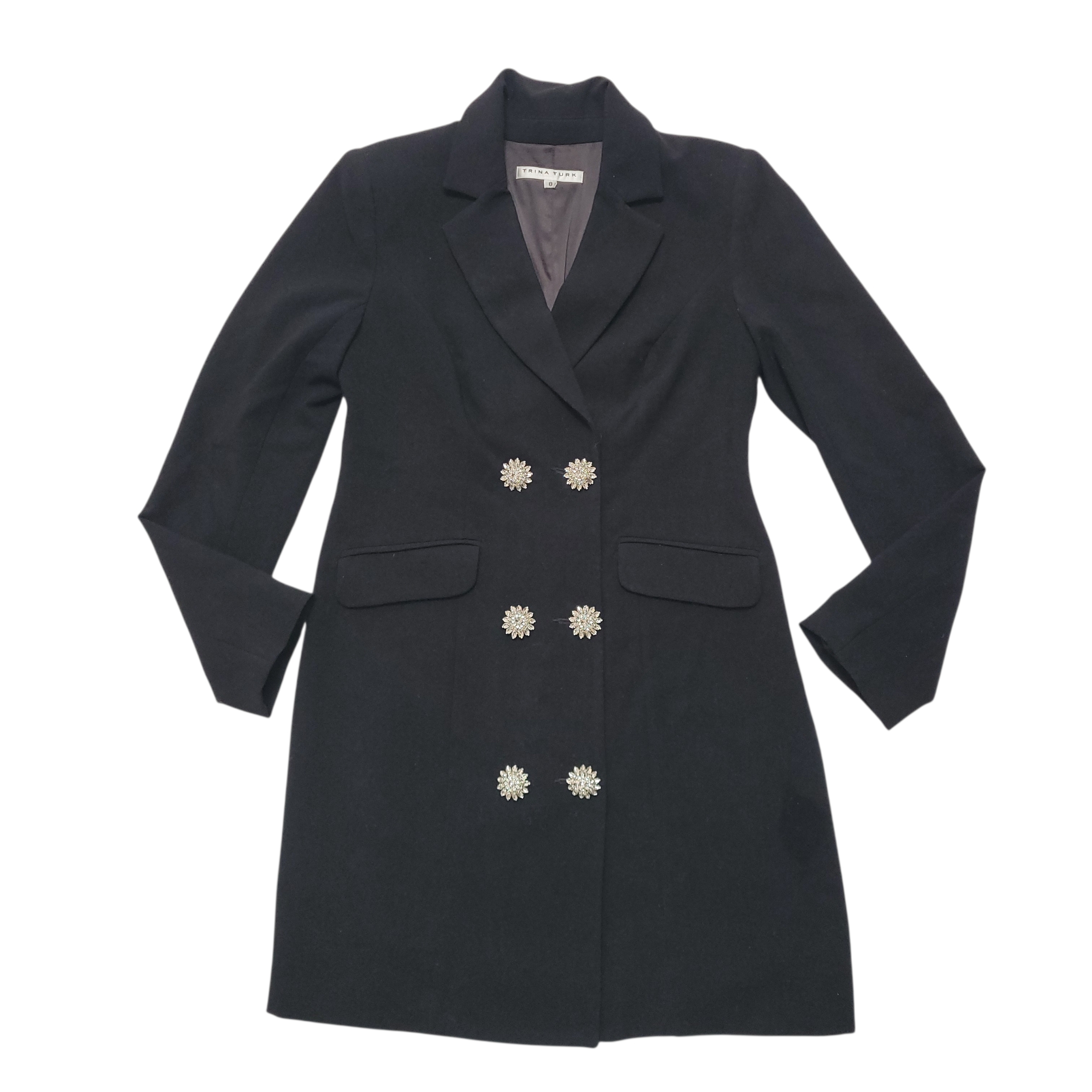 Trina Turk Katana Blazer Dress Mini Black Crystal Rhinestone Buttons Pockets Usa